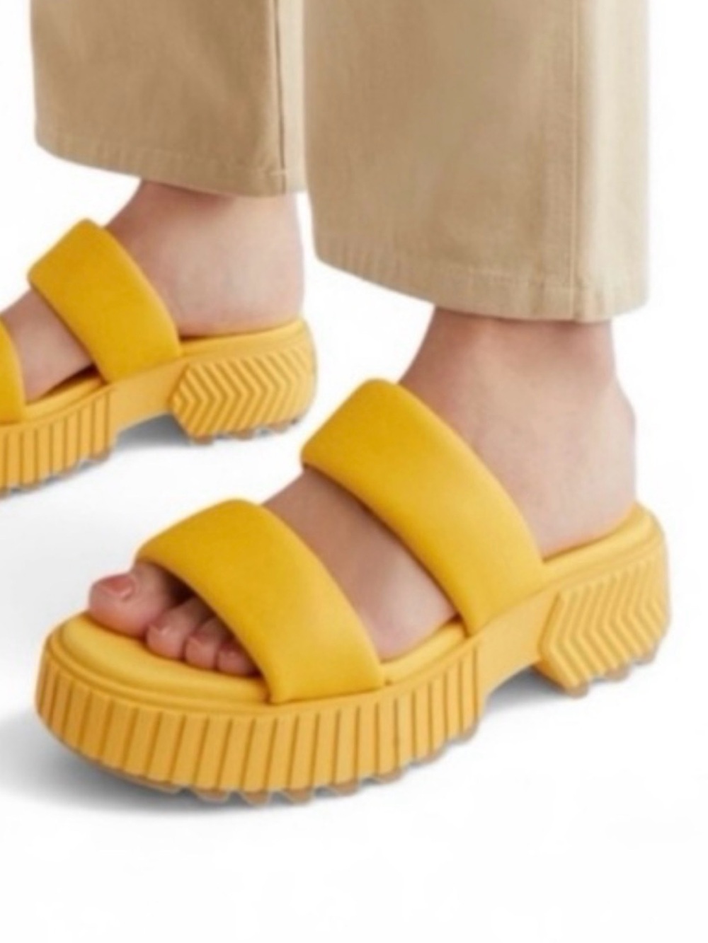 Sorel Ona Ray Leather Yellow Double-Strap Platform Slide Mules